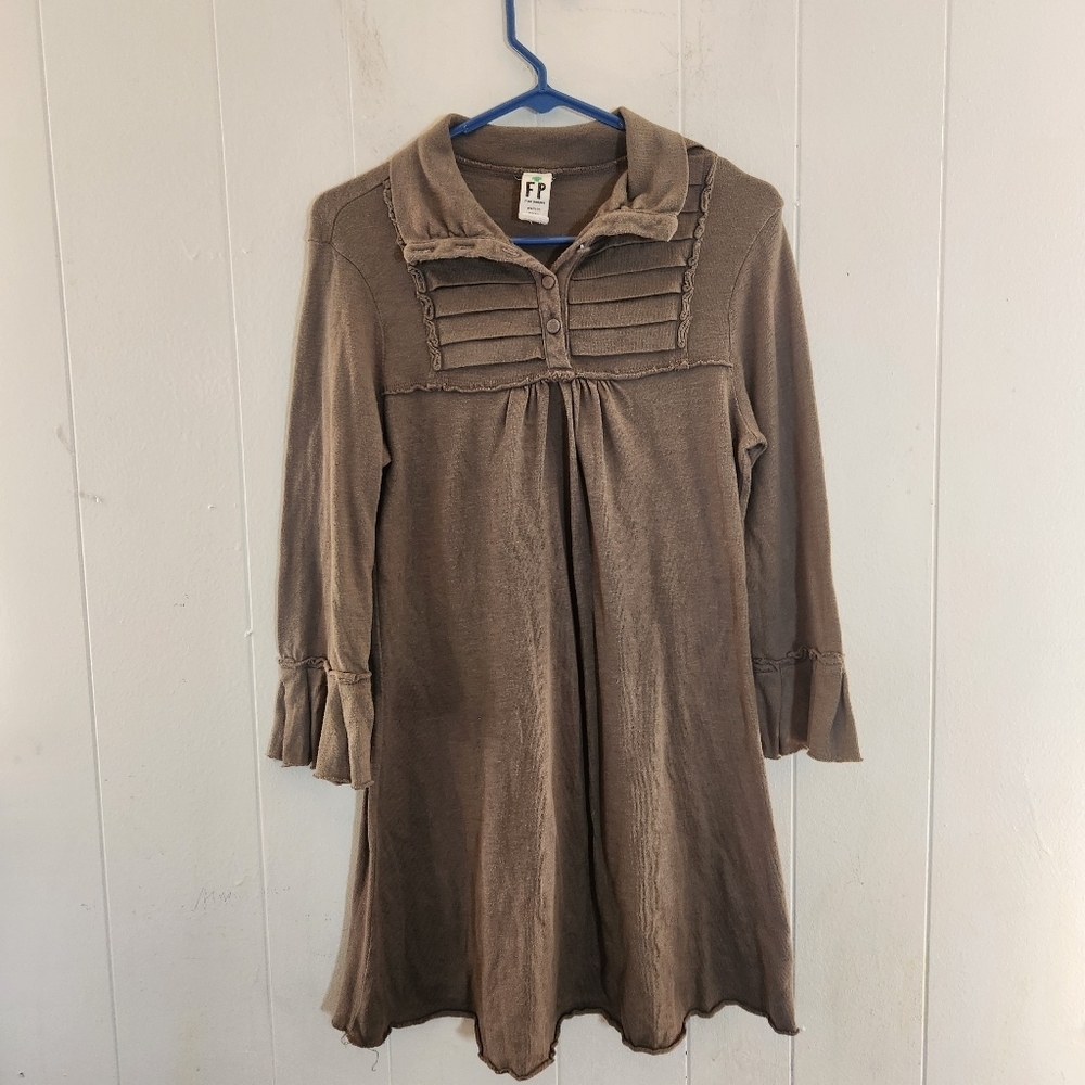 Free People Olive Pleat Neckline Long Sleeve Mini Dress Size Small Cotton